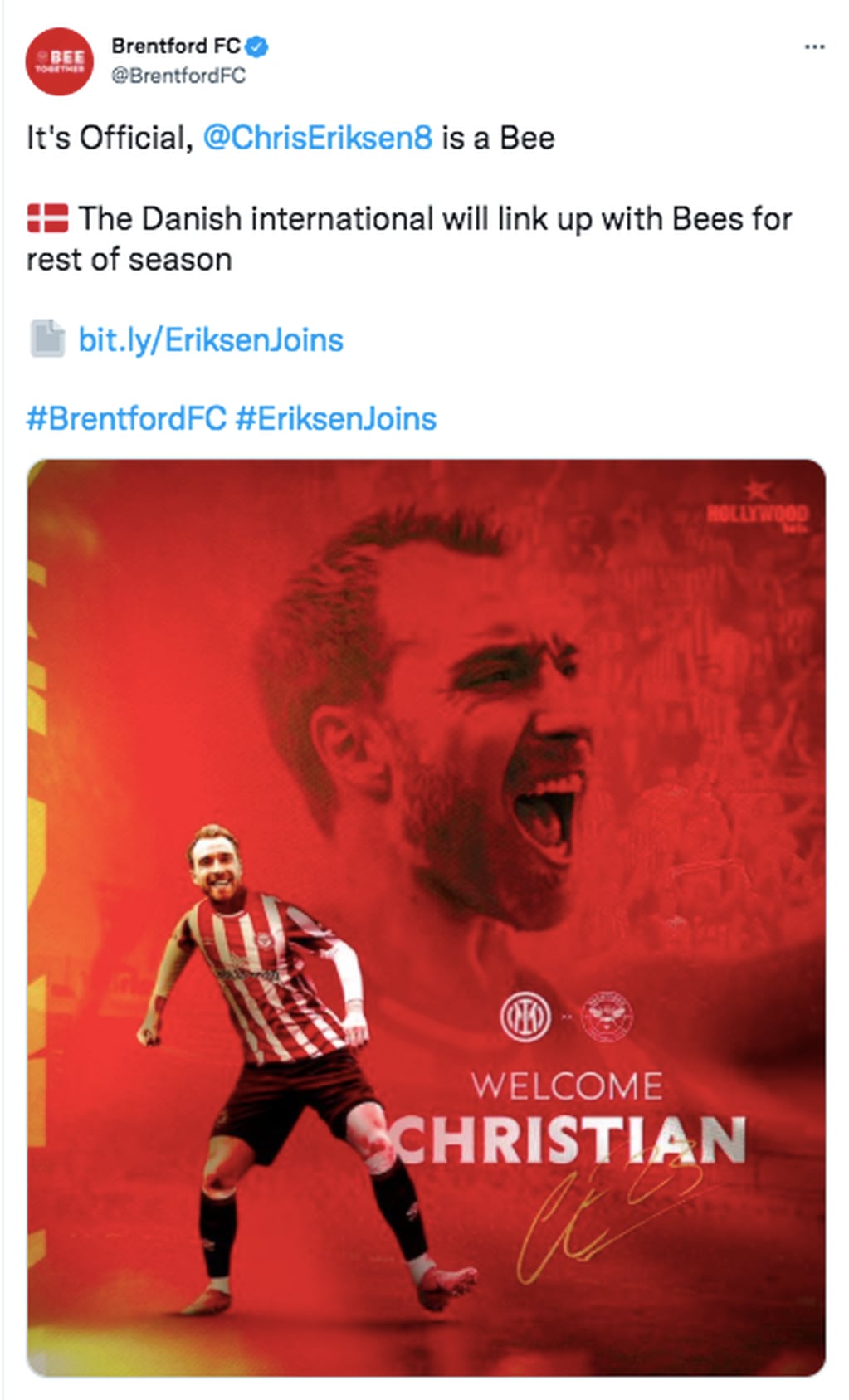 Christian Eriksen jugará en el Brentford de la Premier League.