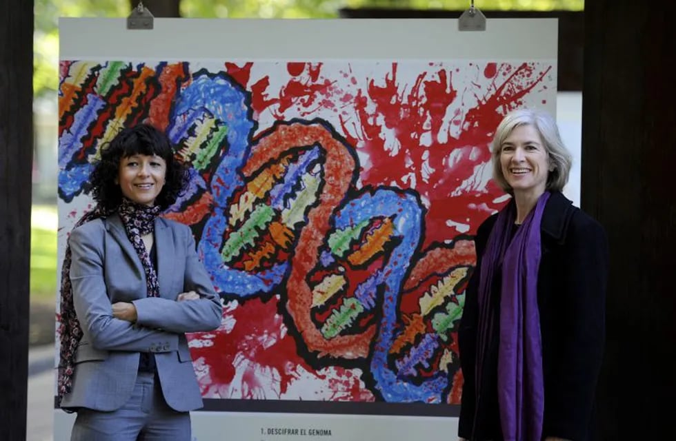FILE PHOTO: French microbiologist Emmanuelle Charpentier (L) and professor Jennifer Doudna of the U.S. pose for the media during a visit to a painting exhibition by children about the genome, at the San Francisco park in Oviedo, SPAIN, October 21, 2015. REUTERS/Eloy Alonso/File Photo