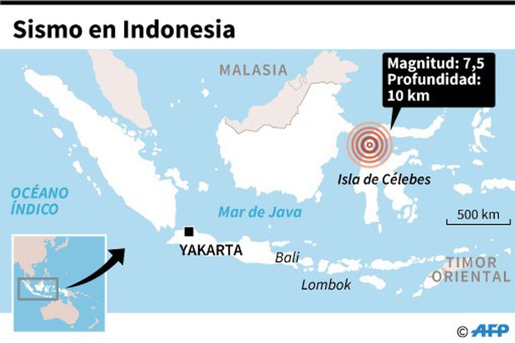 Localización del sismo en la isla de Célebes en Indonesia. AFP