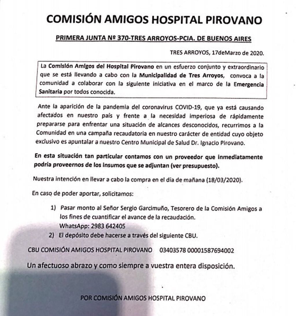 Campaña recaudatoria Hospital Pirovano