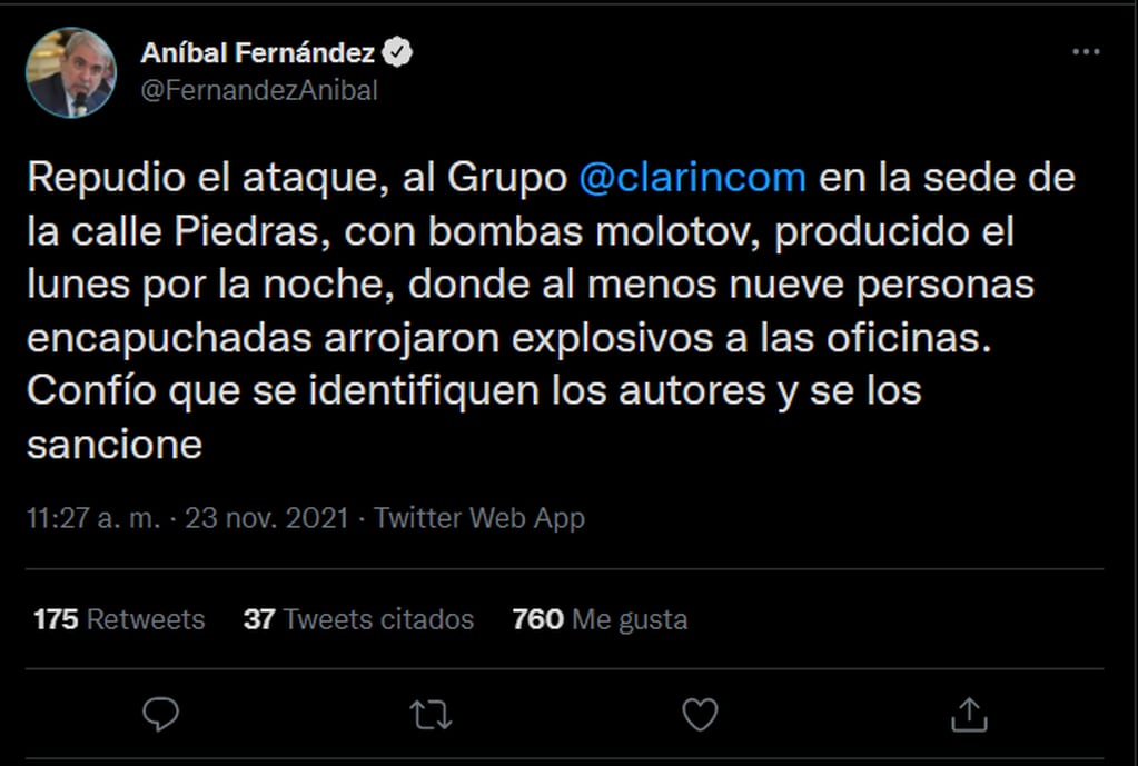Aníbal Fernández se expresó sobre el ataque al Grupo Clarín