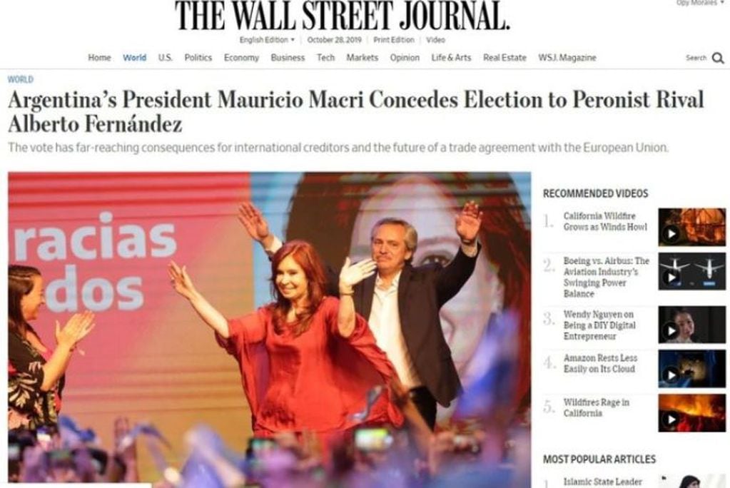 The Wall Street Journal: "El presidente argentino Mauricio Macri reconoce la victoria en las elecciones de su rival, el peronista Alberto Fernández".