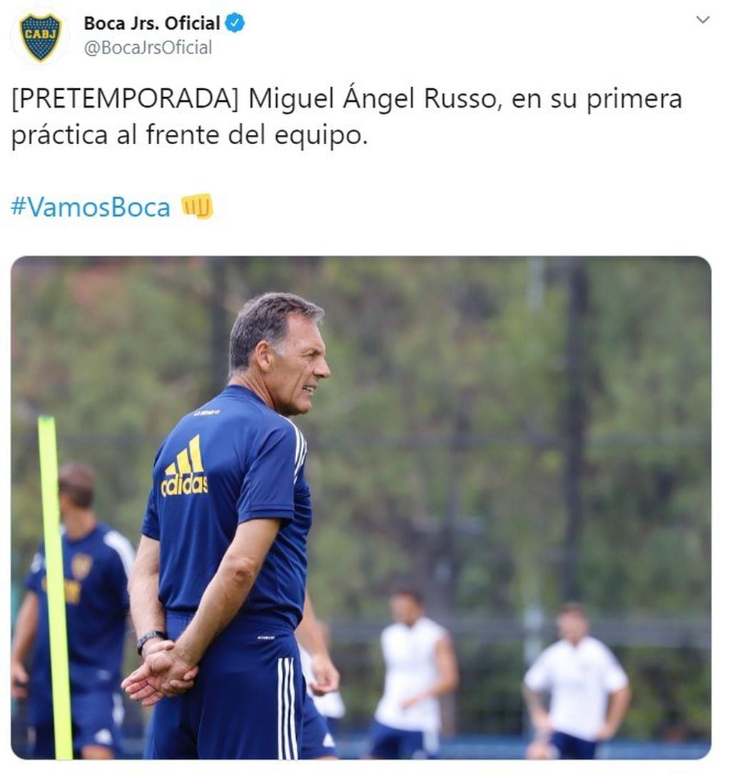 Miguel Ángel Russo en su primera práctica como DT de Boca (Foto: captura Twitter)
