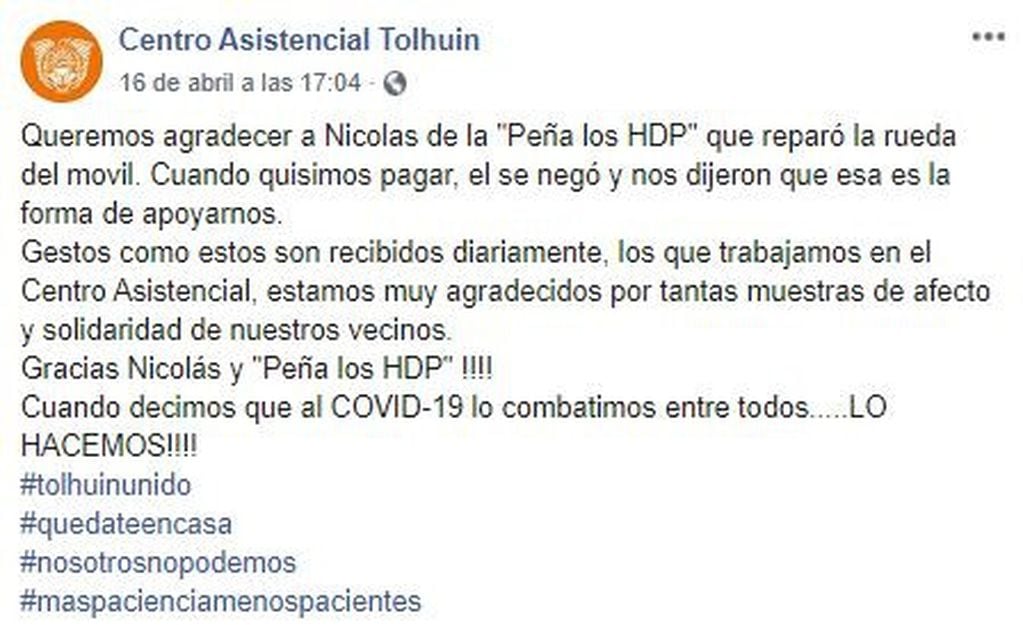 Agradecimiento del Centro Asistencial Tolhuin a la gomería "los HDP".