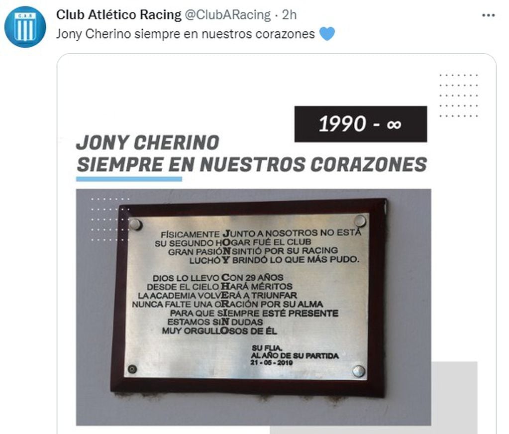 El Día del Hincha de Racing, con un recordatorio especial para Jony Cherino.