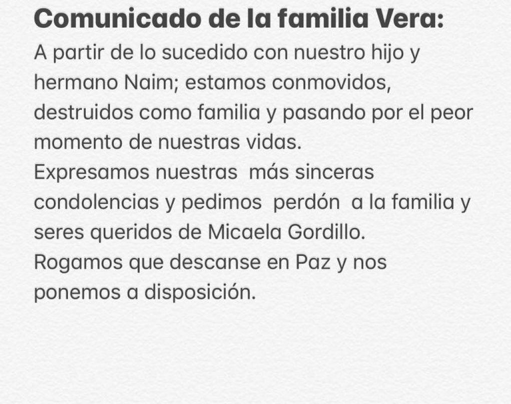 Comunicado de la familia Vera.