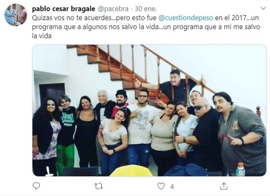 Pablo César Bragale reivindica su paso por Cuestión de Peso. (Twitter)