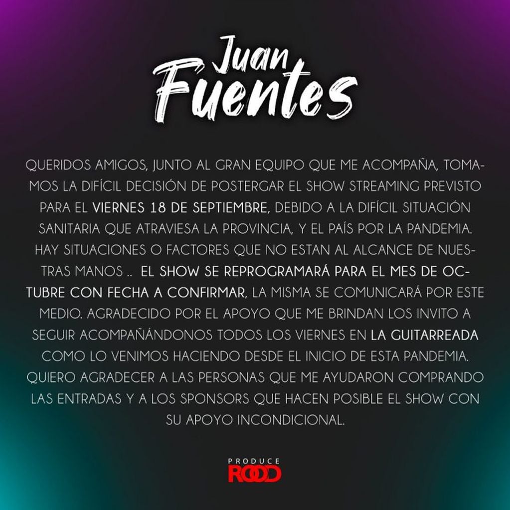 Hace ya un año que Juan Fuentes inició su carrera como solista (Facebook Juan Fuentes)