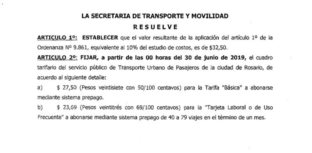 La resolución fue firmada dos días antes del ajuste por la secretaría de Transporte y Movilidad, Mónica Alvarado. (@munirosario)