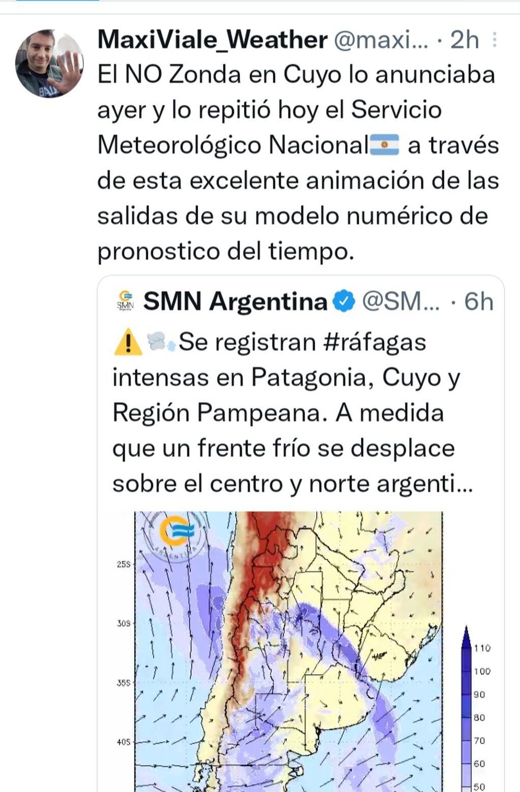 Posteo del especialista Maxi Viale en Twitter sobre el ingreso del frente frío.