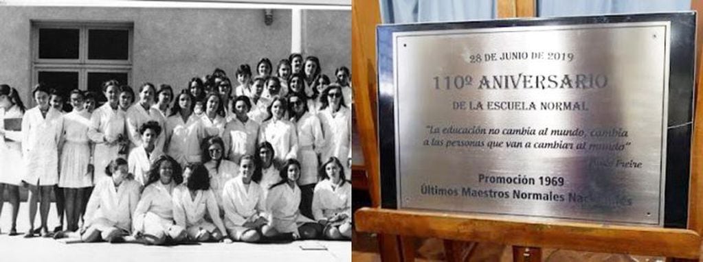 Las chicas de aquella promoción y la placa que donaron para el 110° aniversario de la Escuela, que se celebró este año (Plan B Noticias)