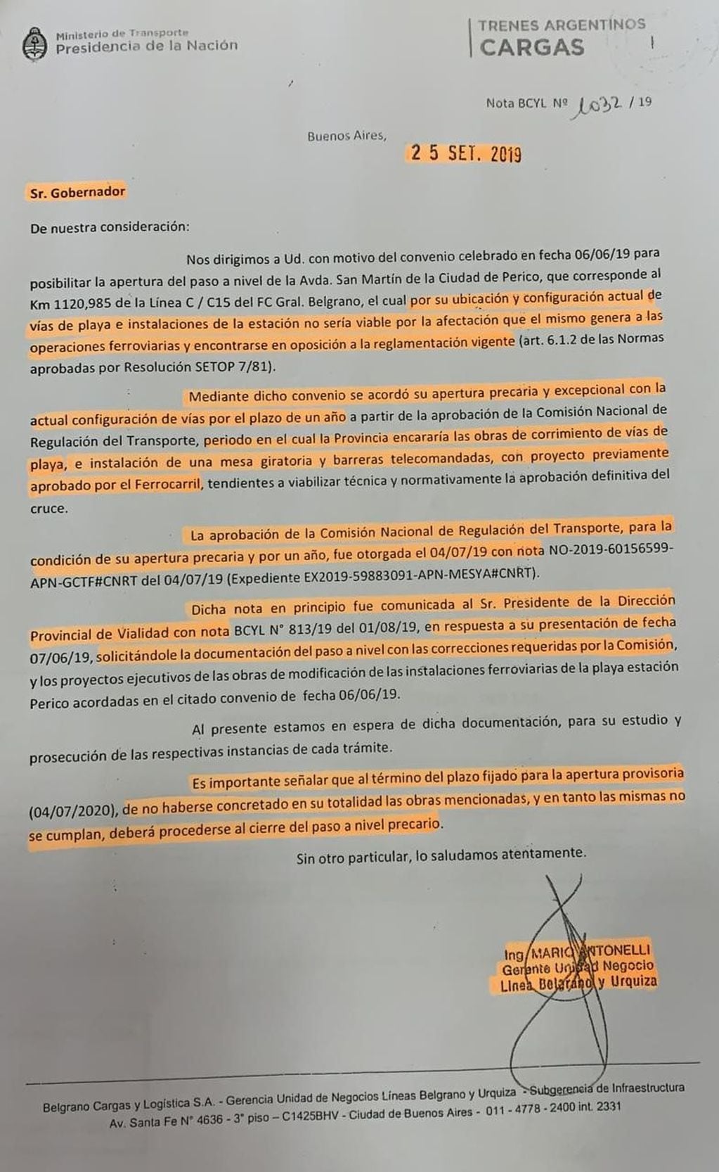 Nota de la empresa estatal Trenes Argentinos Cargas fechada en septiembre del año 2019, vinculada a compromisos establecidos con la Provincia de Jujuy respecto del acceso a la ciudad de Perico.