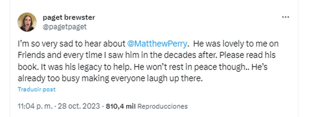 Paget Brewster dejó un conmovedor mensaje por la muerte de Matthew Perry