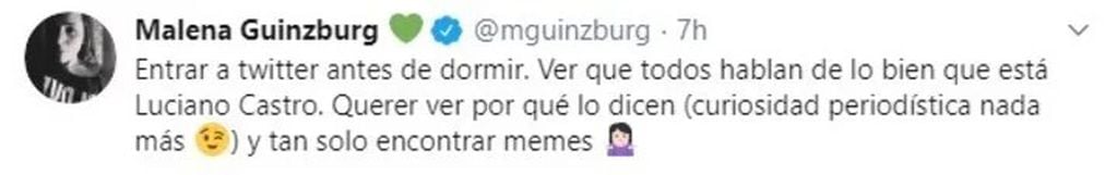 Malena Guinzburg opinó sobre los memes de Luciano Castro (Foto: Captura de Twitter)