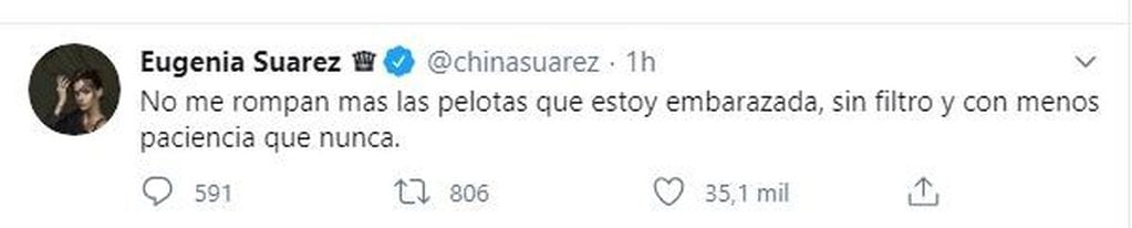 Tuit de la China Suárez ((Twitter)