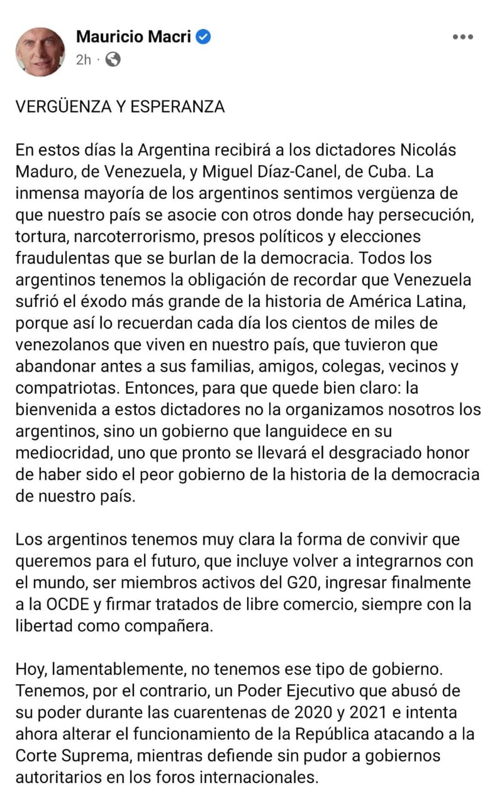 Mauricio Macri repudió la visita de Nicolás Maduro y Miguel Díaz-Canel a Argentina.