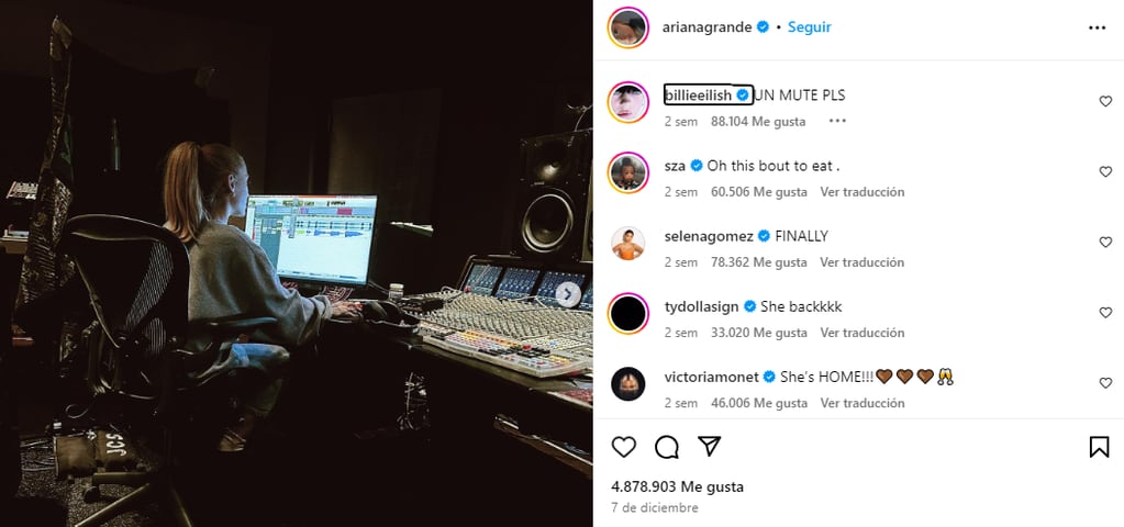 Los comentarios de Selena Gómez y Billie Eilish en el posteo de Ariana Grande