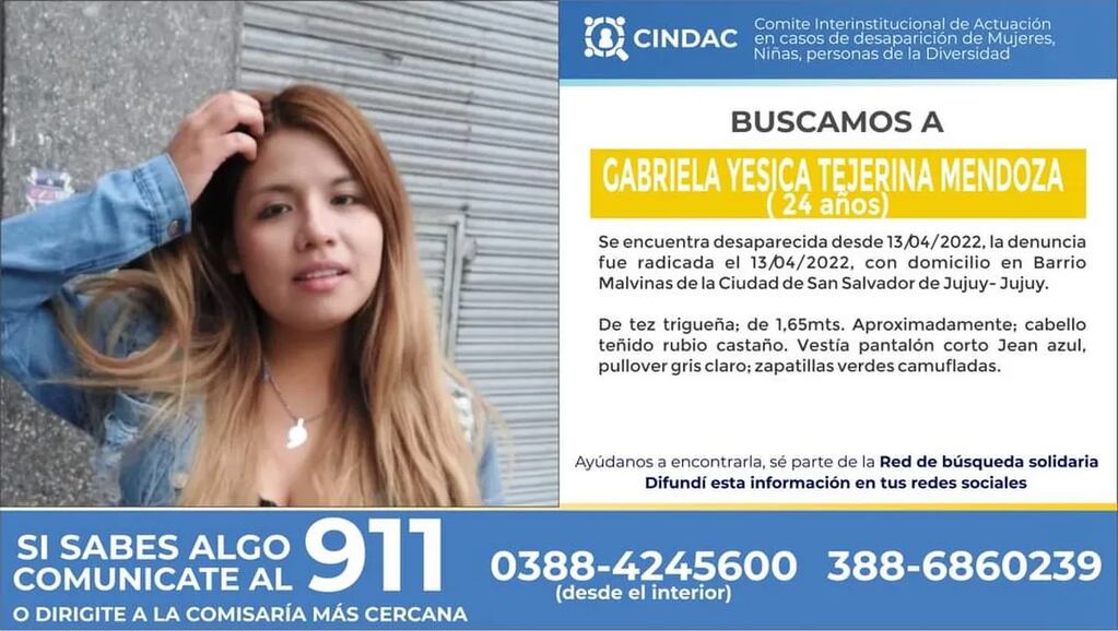 El aviso distribuido por el Comité Interinstitucional de Actuación en Casos de Desaparición de Mujeres, Niñas y Personas de la Diversidad (CINDAC), para hallar a Gabriela Yésica Tejerina Mendoza.