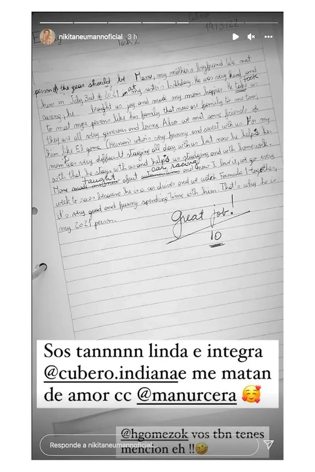 Nicole Neumann compartió la carta que le escribió Indiana a Manu Urcera.