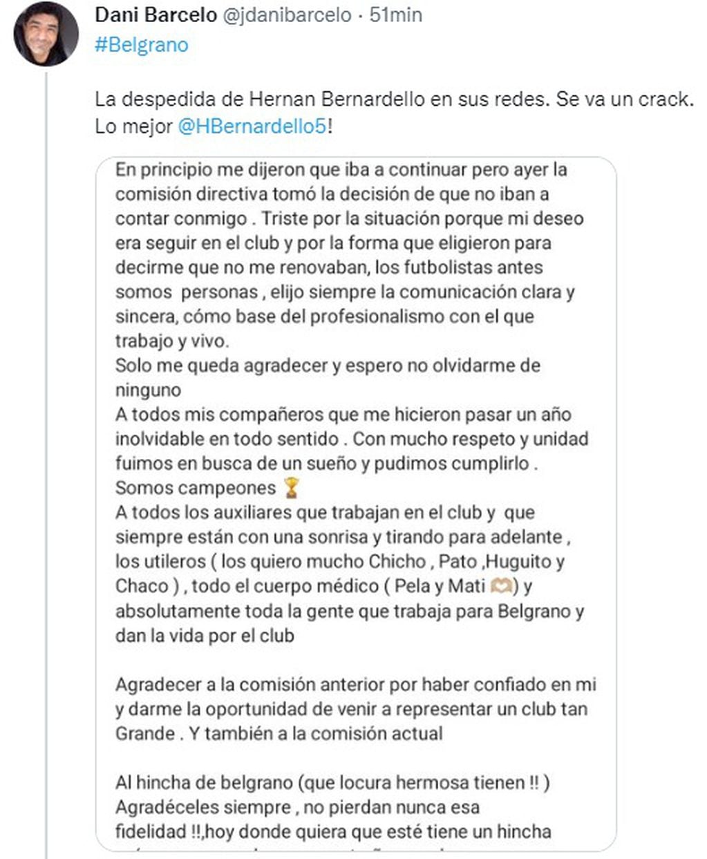 El adiós de Hernán Bernardello a Belgrano, con una mirada crítica.