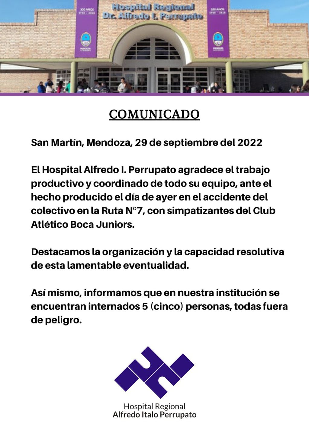 Comunicado del hospital en San Martín, Mendoza.