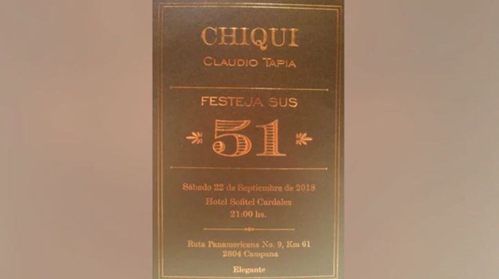 La tarjeta que recibieron los invitados al cumpleaños de Claudio "Chiqui" Tapia.