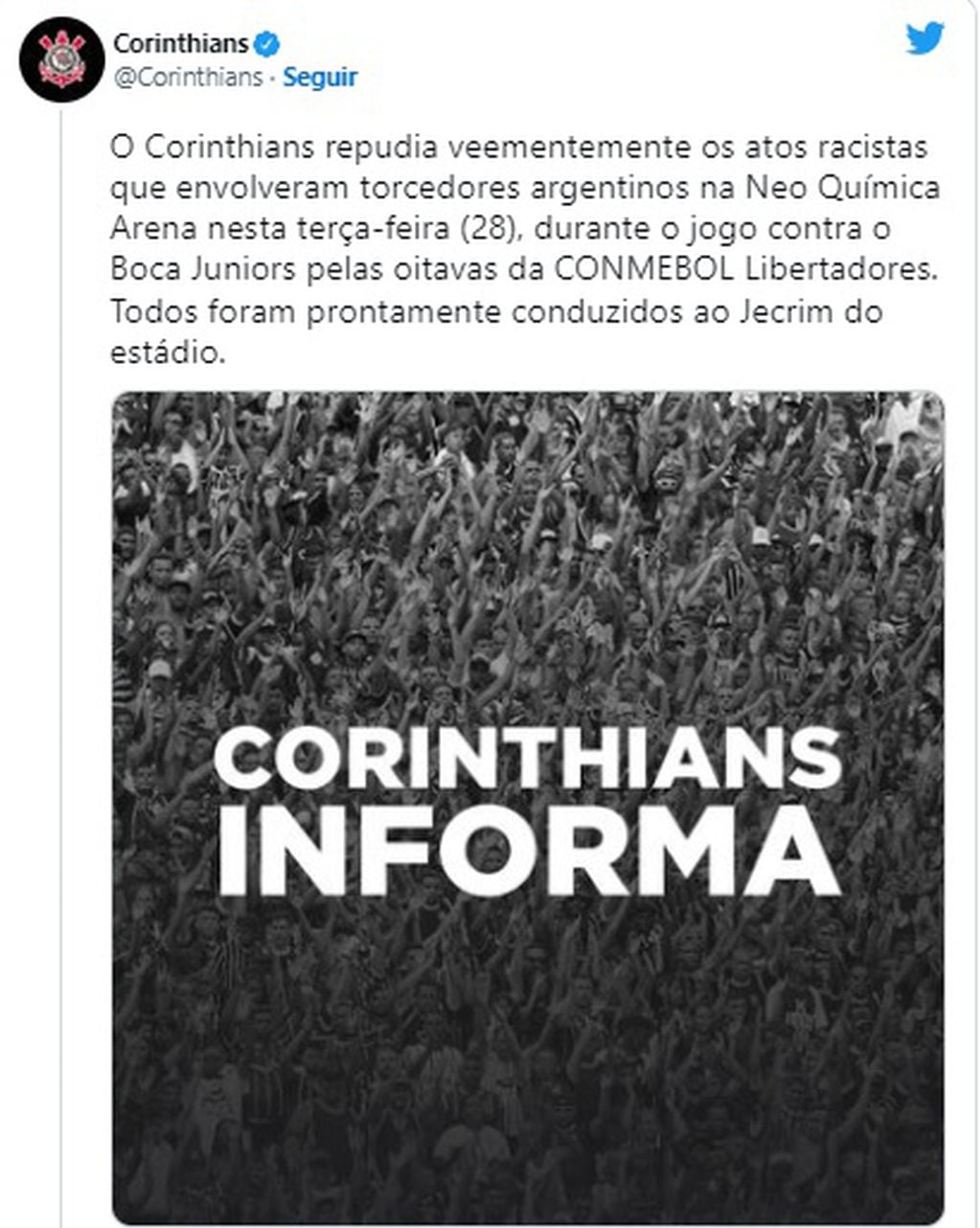 El comunicado de Corinthians en Twitter