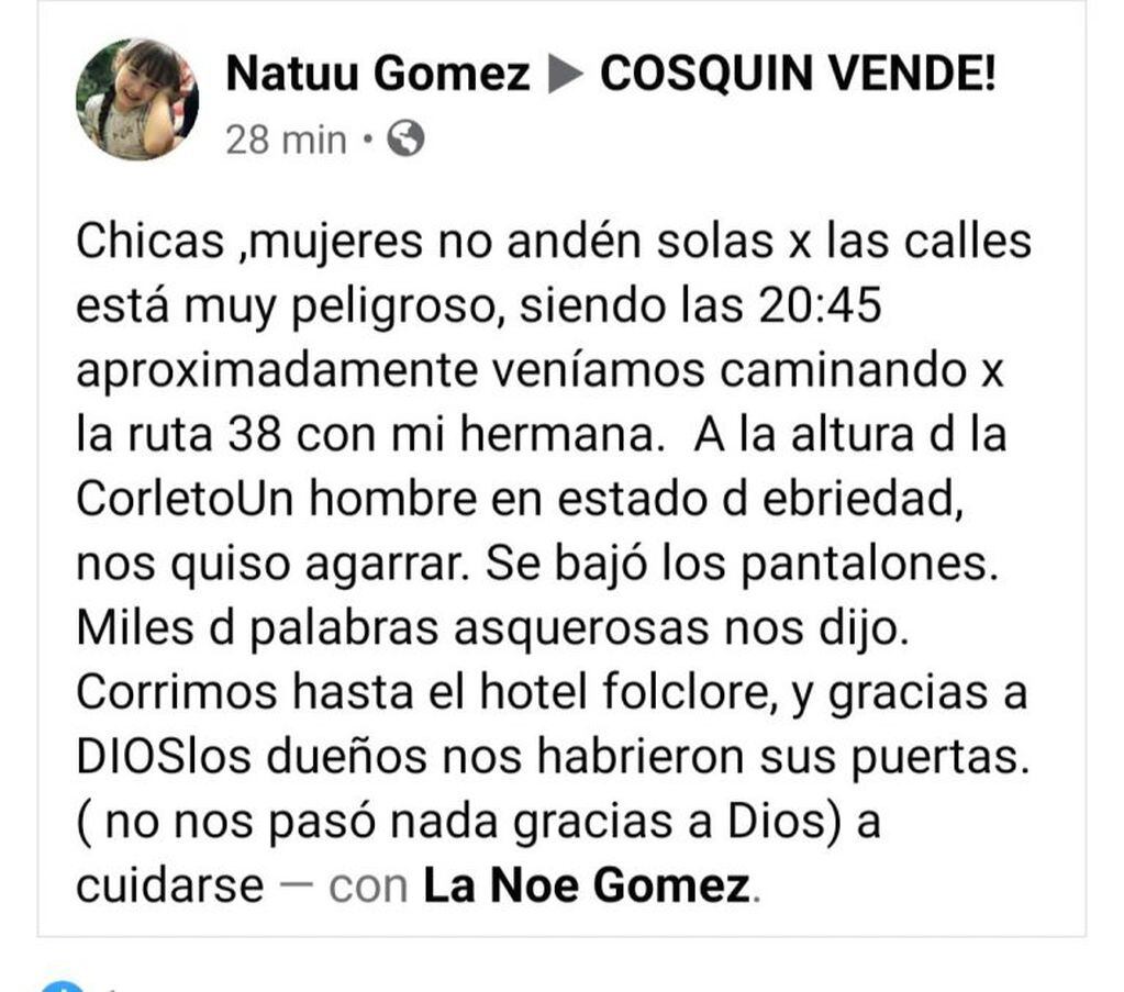 Mensaje de Natalia Gómez difundido por redes sociales. (Foto: captura de pantalla / Facebook).