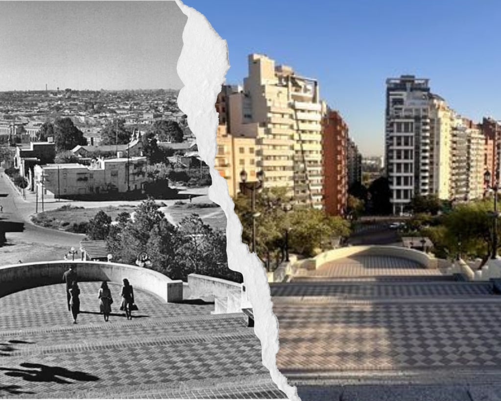 Un antes y después de las Escalinatas del Coniferal. (Foto antigua: Córdoba de Ataño / Foto actual: banco web)