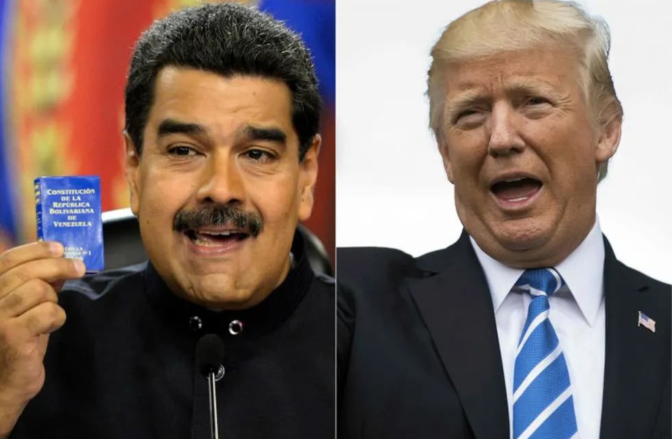 (COMBO) This combination of pictures created on August 11, 2017 shows file photos of Venezuelan President Nicolas Maduro (L) during a press conference in Caracas on June 22, 2017; and US President Donald Trump speaking to the press on August 11, 2017, in Bedminster, New Jersey.\n\nTrump will agree to speak to Venezuela's leader \