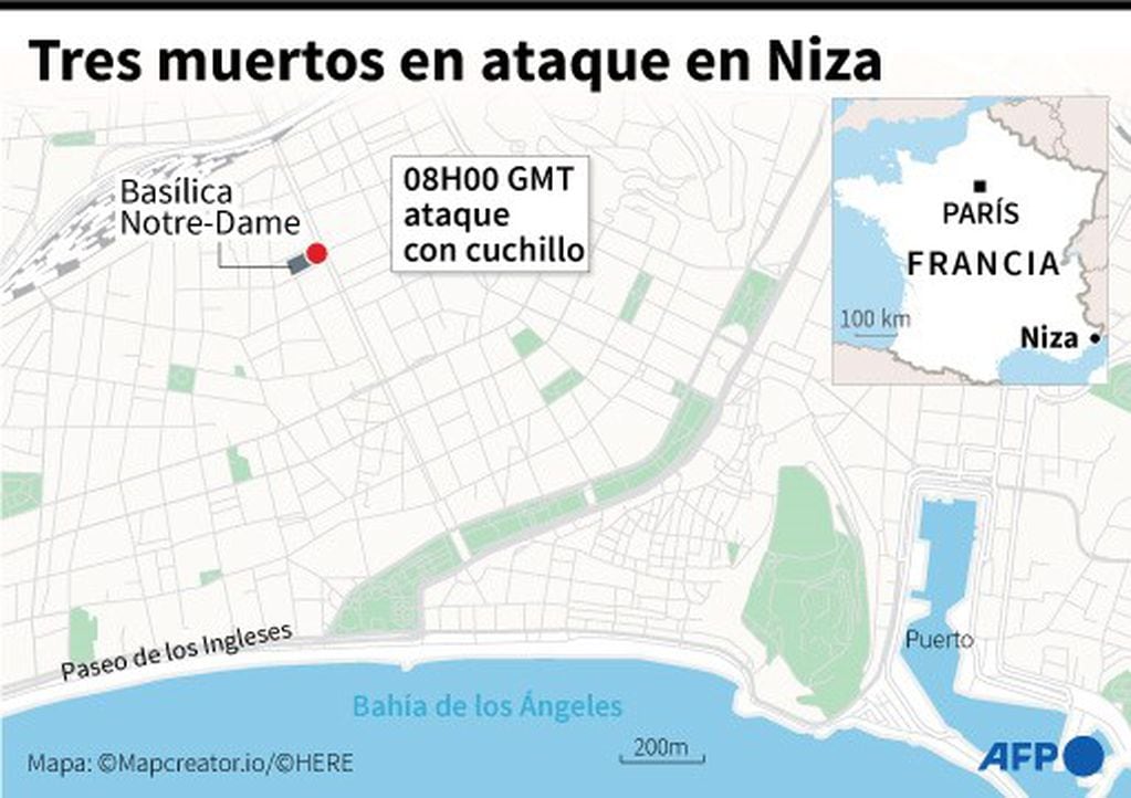 Localización de la Basílica en Niza, sur de Francia, donde se produjo el ataque con cuchillo. (AFP)