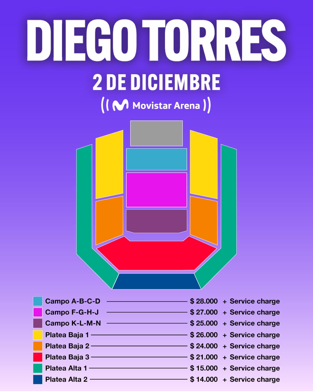 Mapa de precios para el show de Diego Torres el 2 de diciembre de 2023