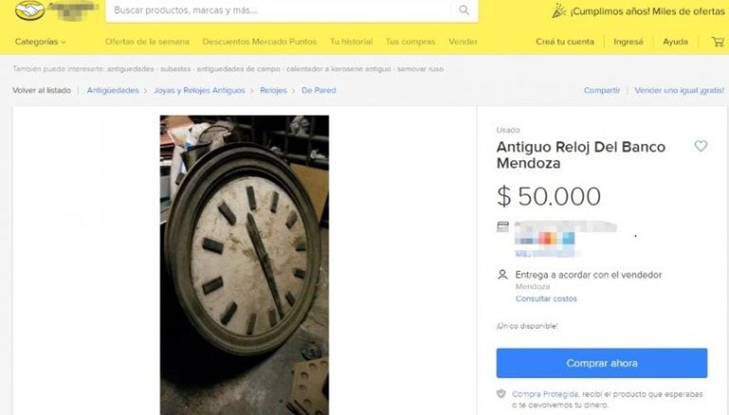 El reloj, que es parte de la historia en Mendoza, esta a la venta en una página web.