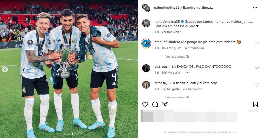 El post del cordobés para sus dos amigos de la Selección Argentina, el 20 de julio.