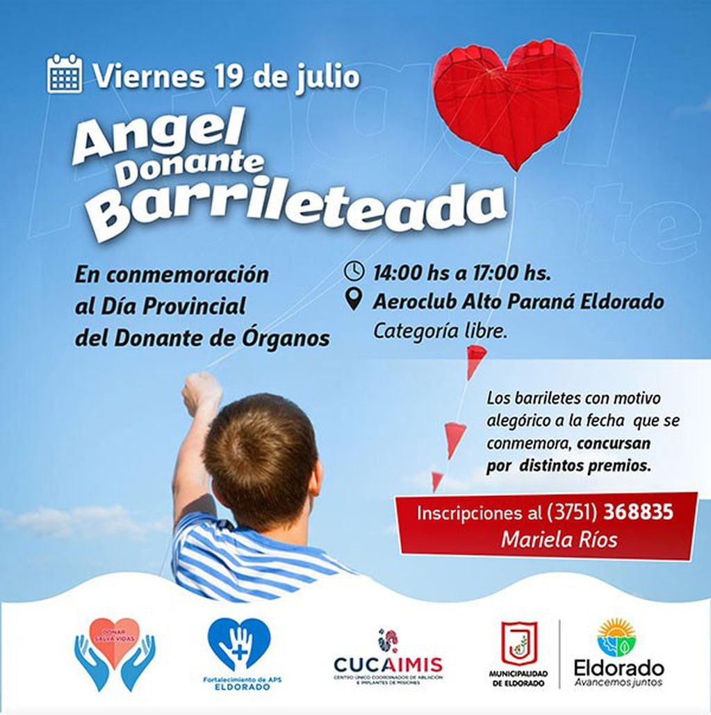 Eldorado realizará una barrileteada para celebrar el Día del Donante de Órganos.