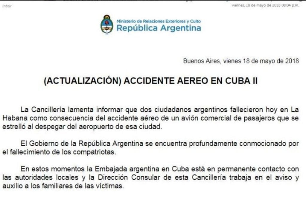 El comunicado que emitió Cancillería argentina. (Web)