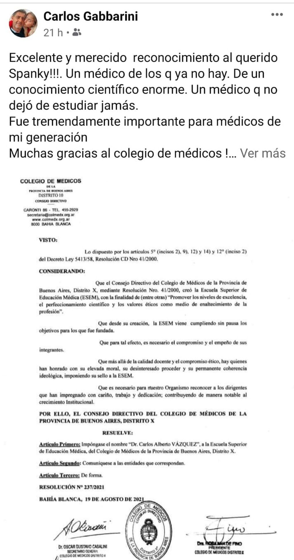 El secretario de Salud Carlos Gabbarini destacó la labor docente de Spanky Vázquez