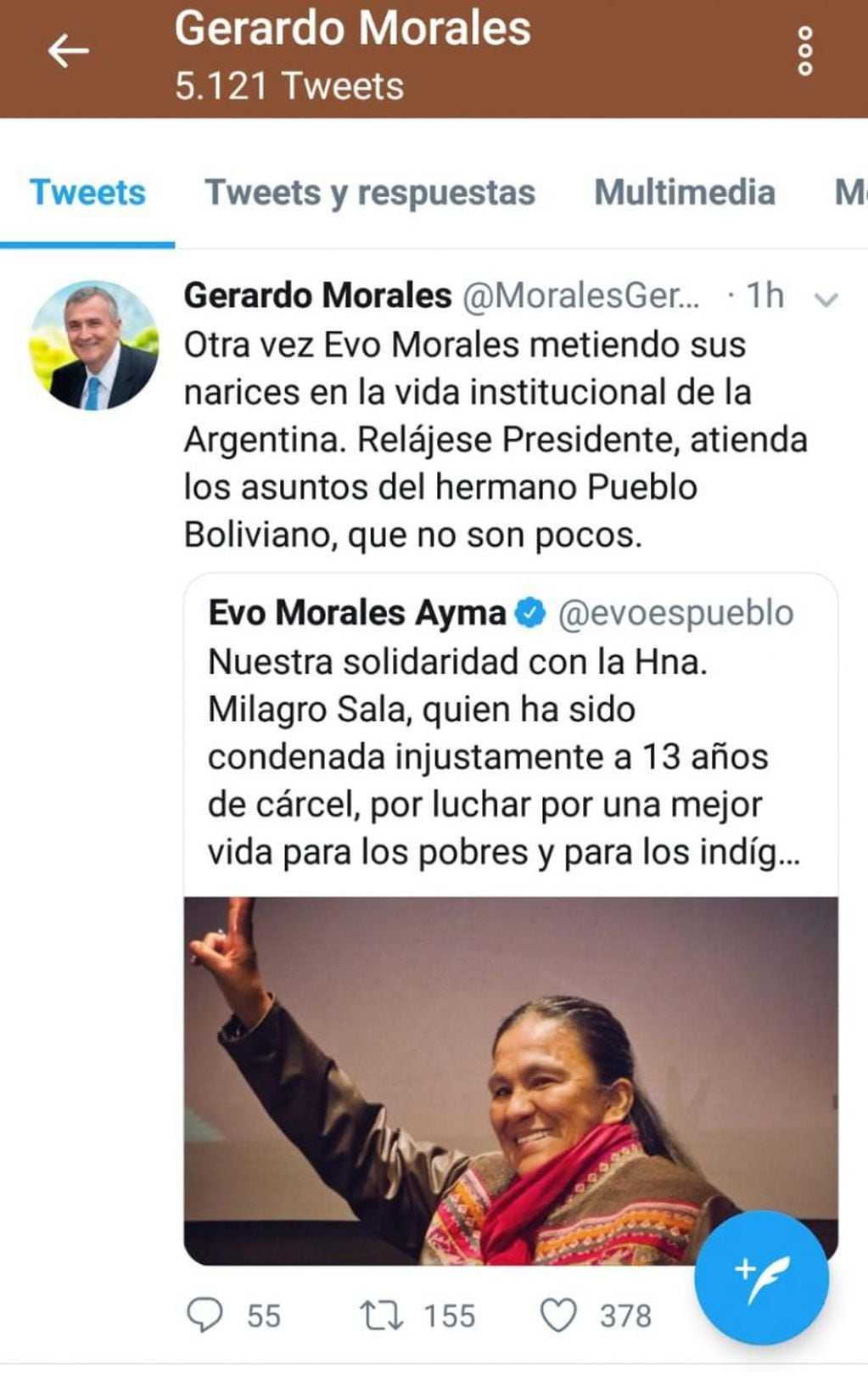 Declaraciones de Gerardo Morales en Twitter