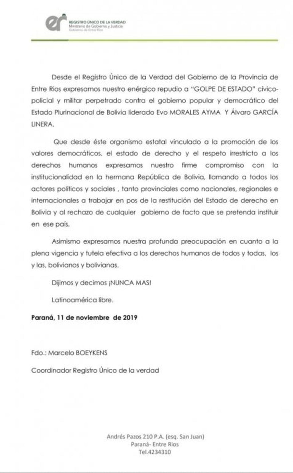 Registro Único de la Verdad del Gobierno de la Provincia de Entre Ríos. Comunicado marcha apoyo a Evo.