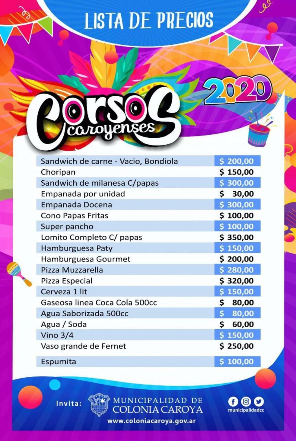 Carnaval Caroyense precios 2020