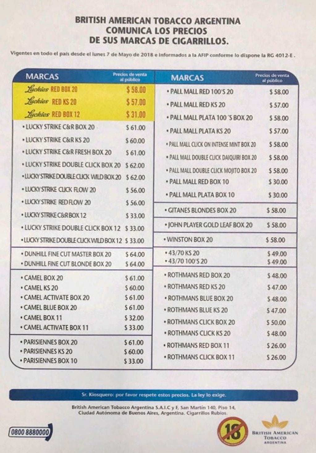 Lista de precios de British American Tobacco Argentina.