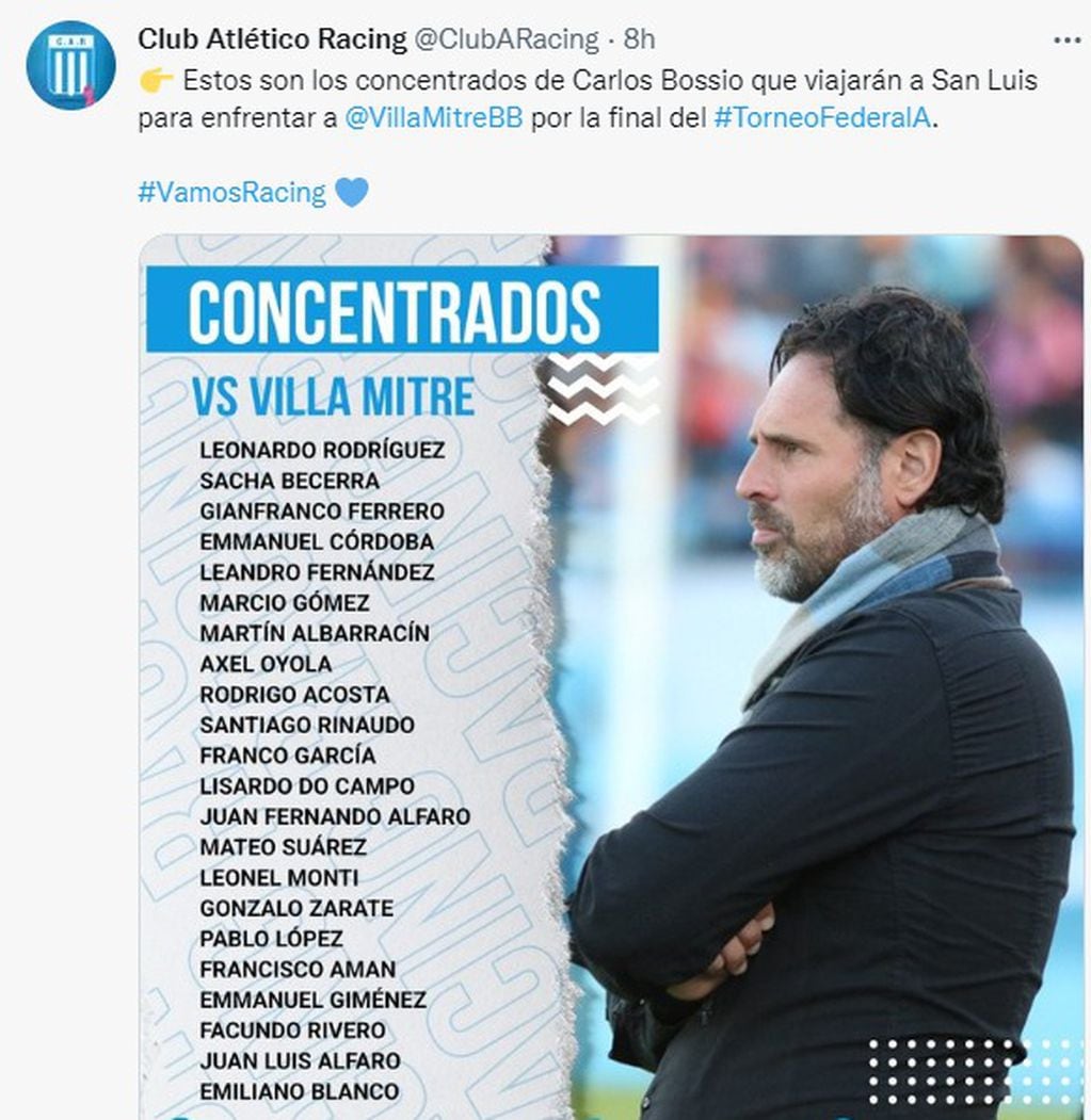 Carlos Bossio mantendrá en cancha al once titular con el que Racing alcanzó la final por el ascenso.