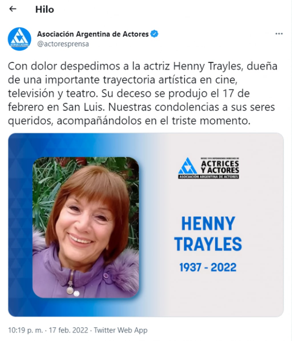 El mensaje que anunció el fallecimiento de la actriz Henny Trayles.