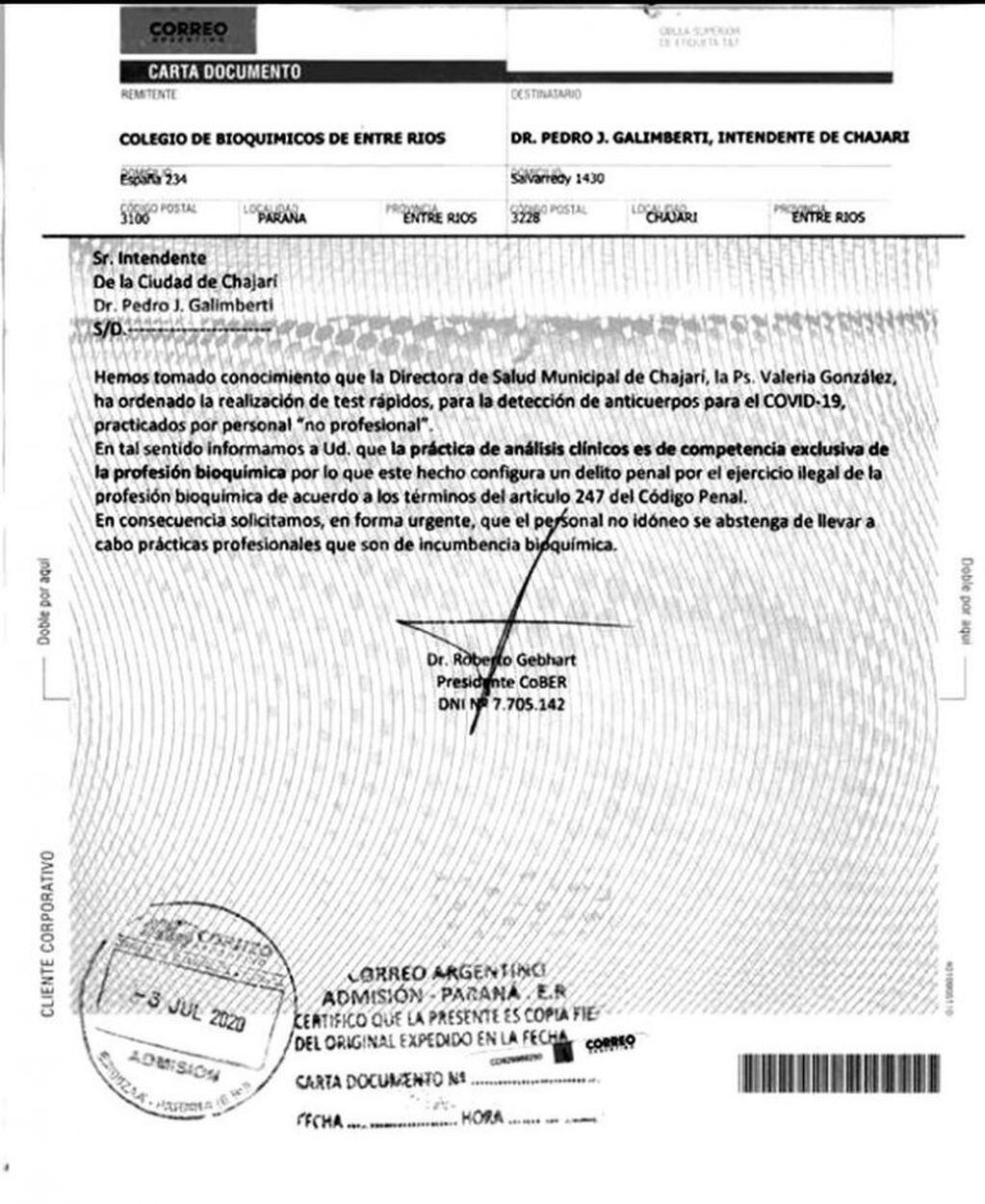 Carta documento enviada por el CoBER  a Pedro Galimberti