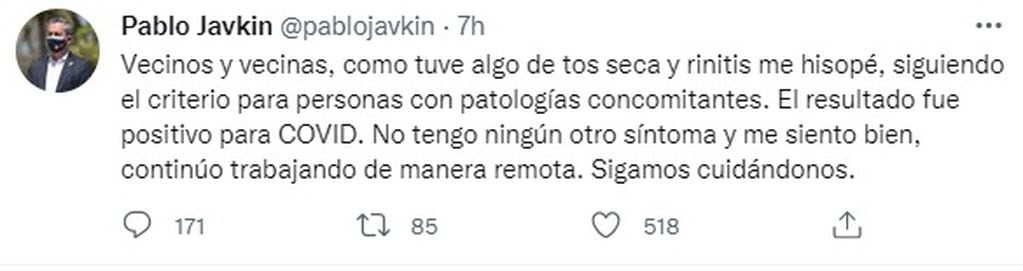 Pablo Javkin confirmó que tiene coronavirus
