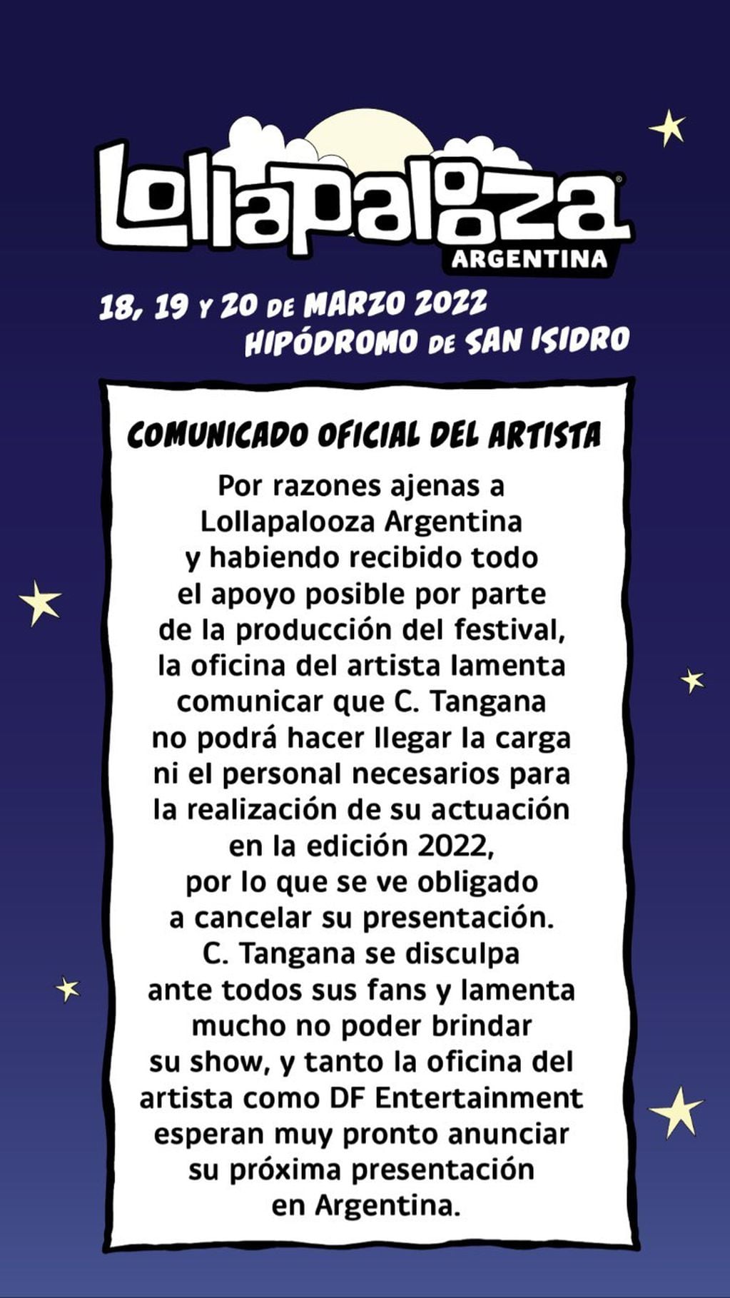 Comunicado de Lollapalooza 2022.