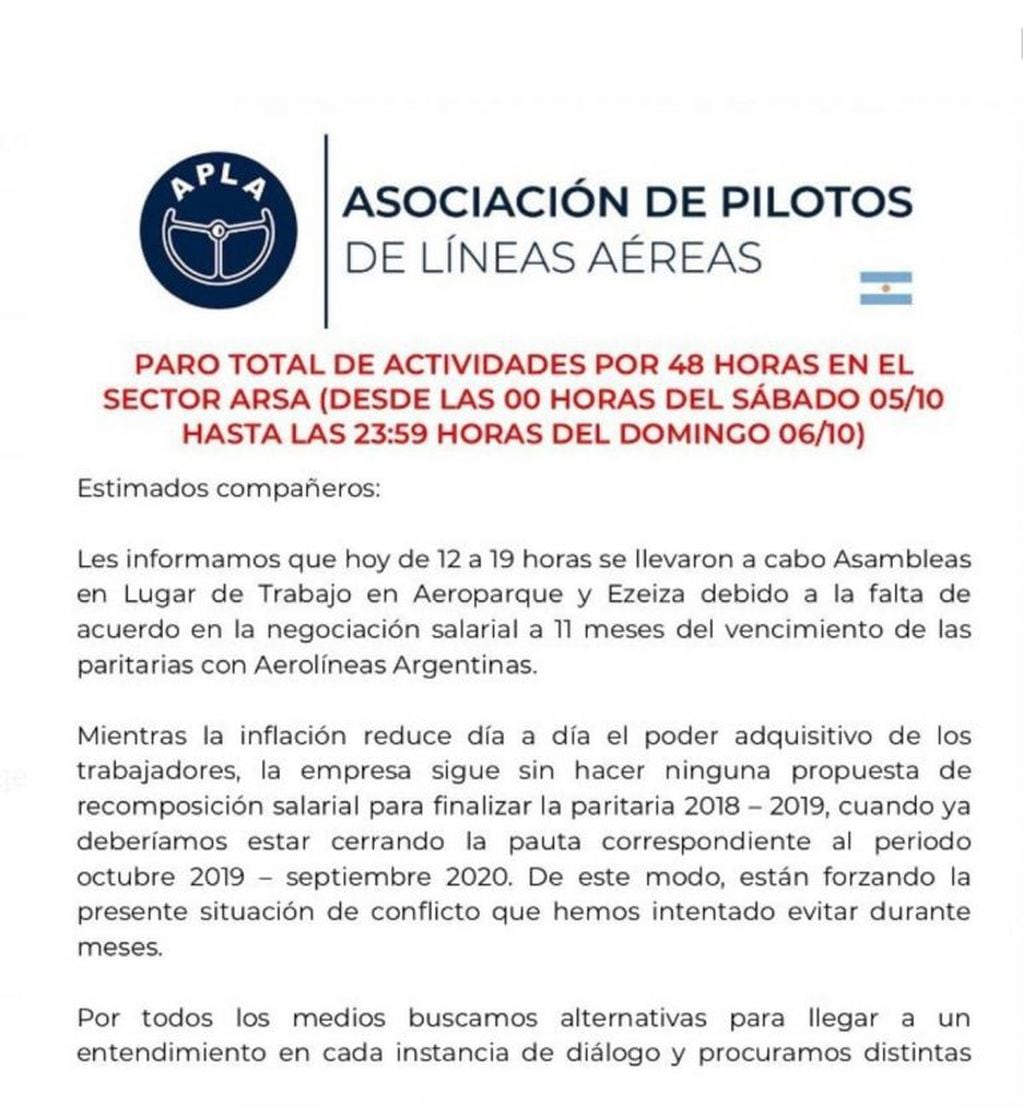 Comunicado de la Asociación de Pilotos de Líneas Aéreas (APLA). (Web)