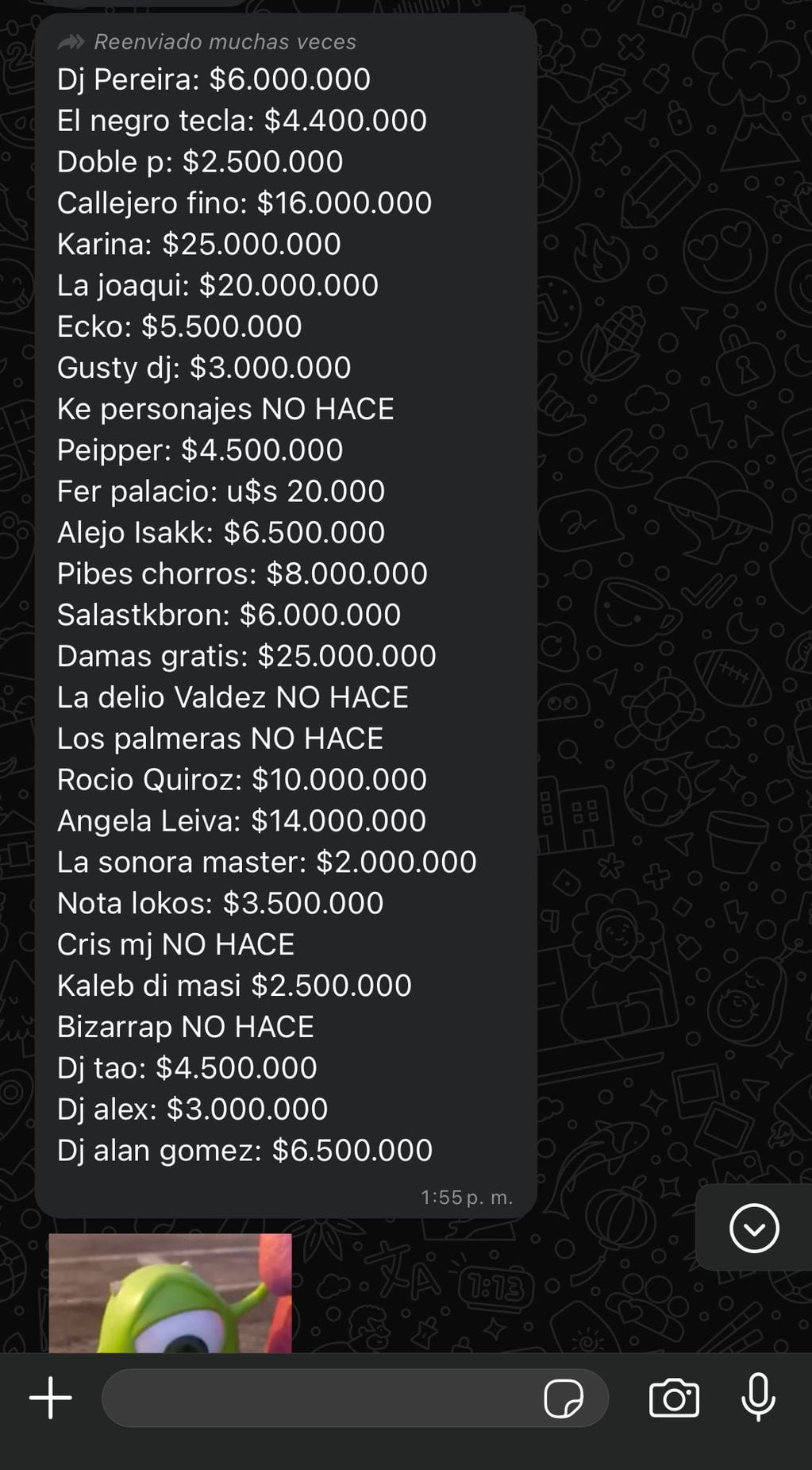 La lista con los precios que cobraría cada artista por un show privado