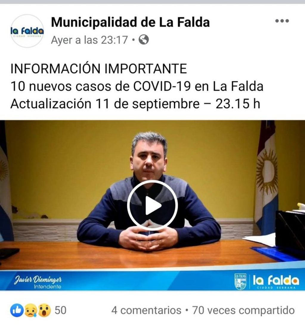 Intendente Javier Dieminger en un reciente video difundido a través de las redes sociales oficiales del Municipio.