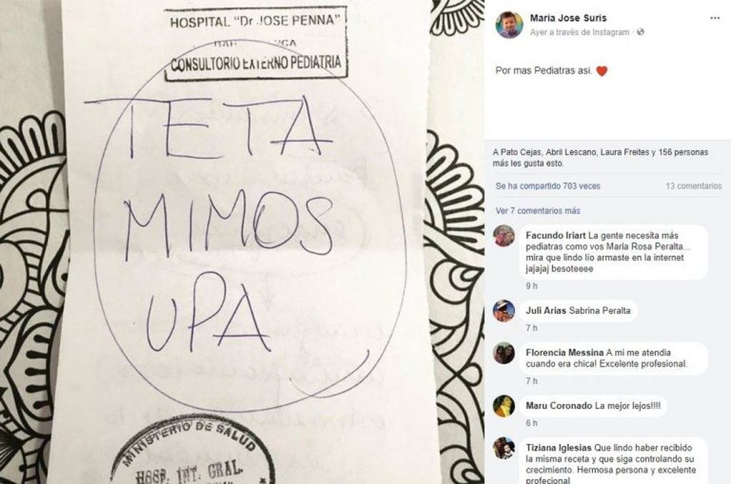 "Por más pediatras así", dijo María José Suris en Facebook.